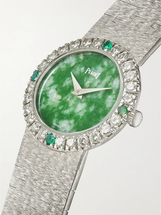 Stephanie Windsor + Piaget Vintage 1968 Tradition Hand-wound 18-karat White Gold, Diamond, Emerald And Jade Watch, Ref. 9804 A6 (6" Wrist)