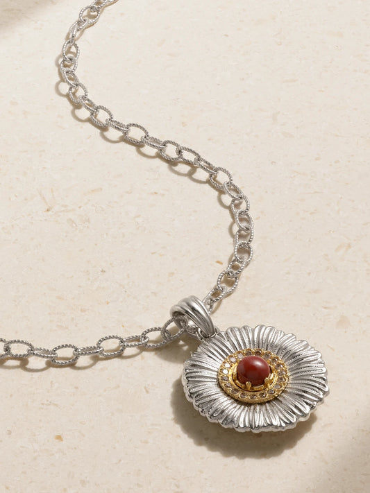 Blossom Sterling Silver And Gold-plated, Jasper And Diamond Necklace