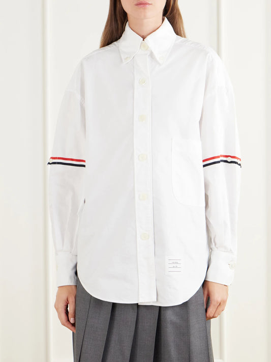 Thom Browne Appliquéd Striped Grosgrain-trimmed Cotton-poplin Shirt