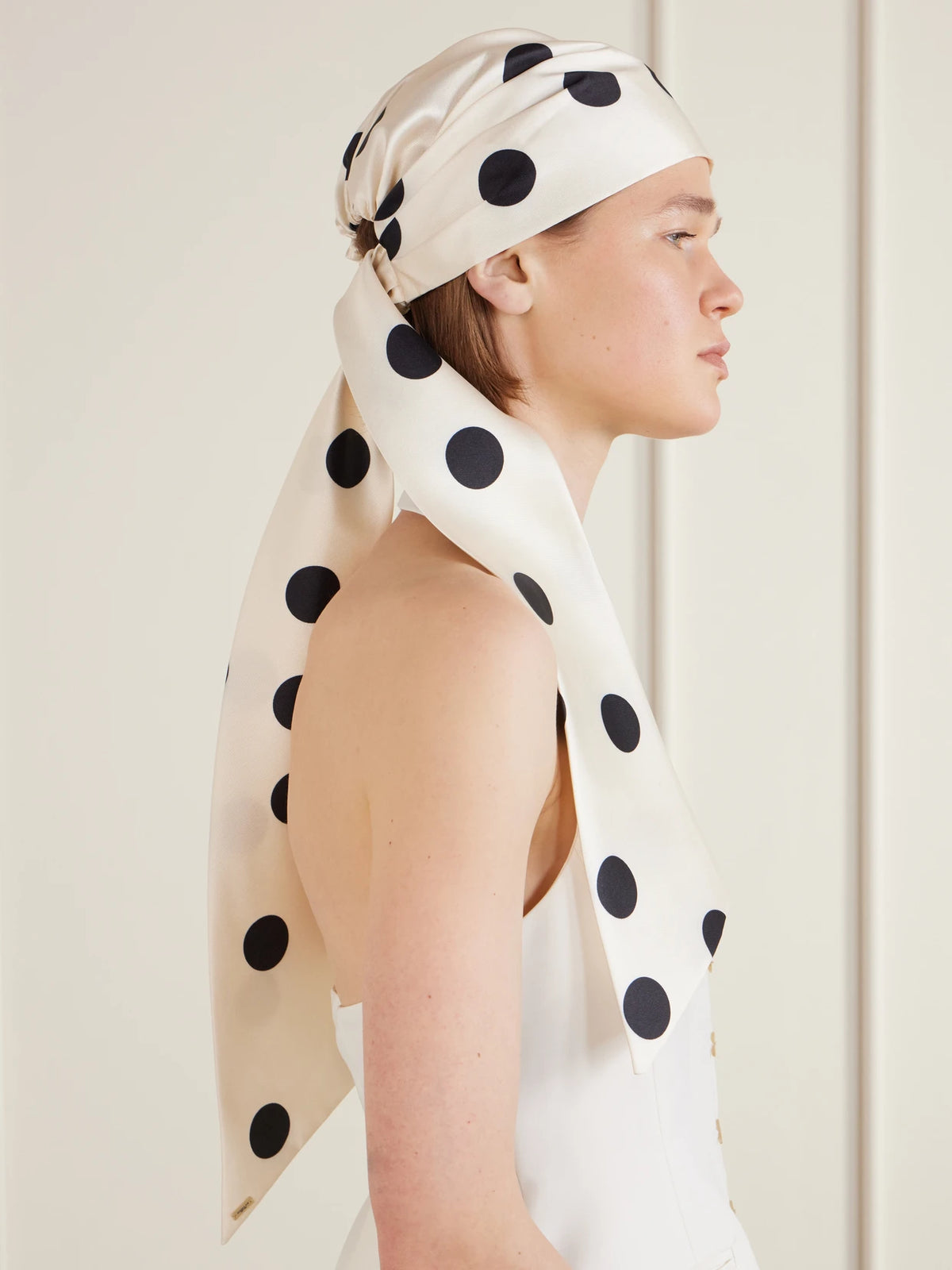 Image of Hats. Product name - Gigi Polka-dots Headscarf in White colour by brand - Eugenia Kim