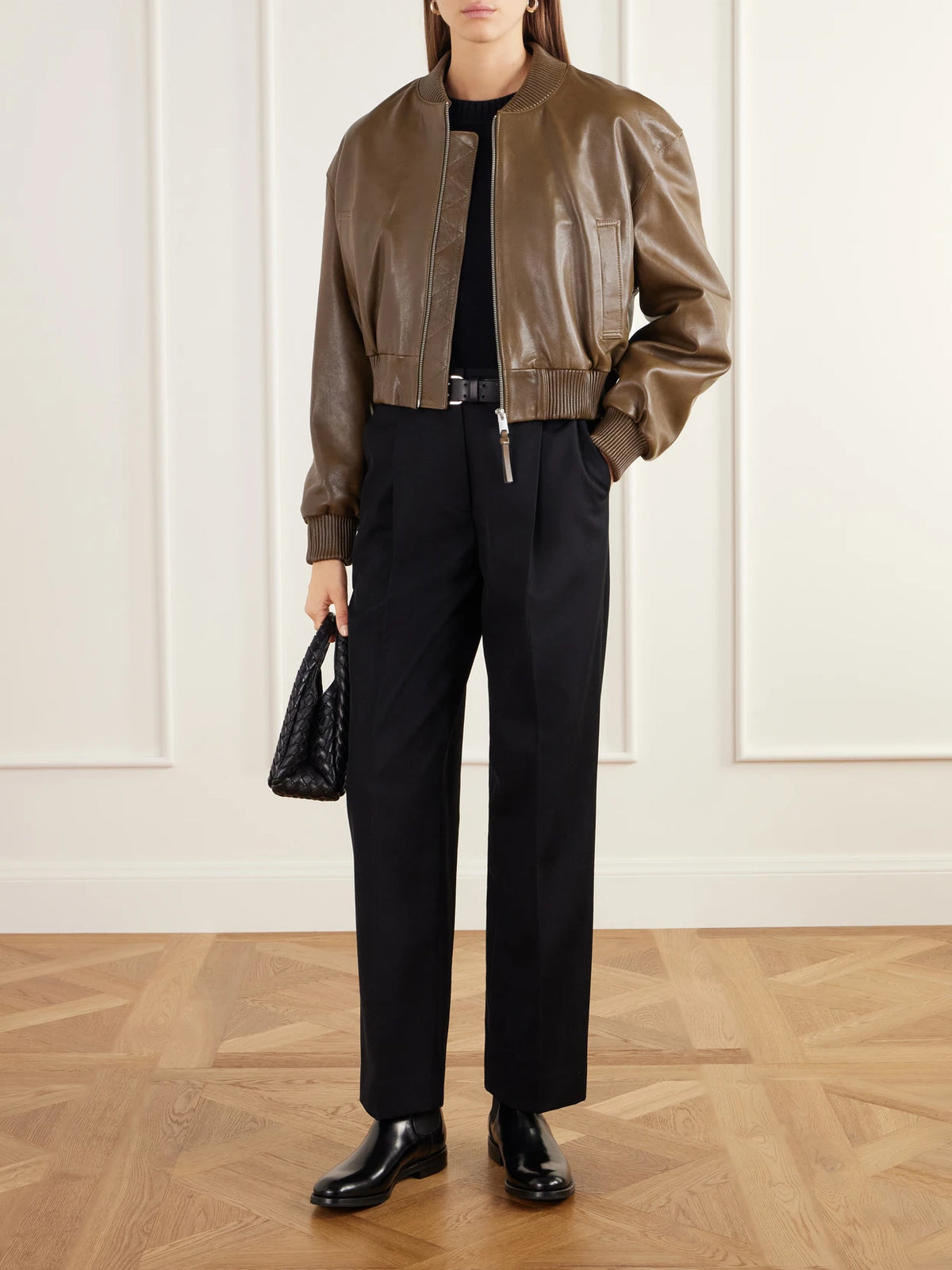 Image of Coats & Jackets. Product name - Hannan Cropped Leather Bomber Jacket in Dark green colour by brand - ARMA