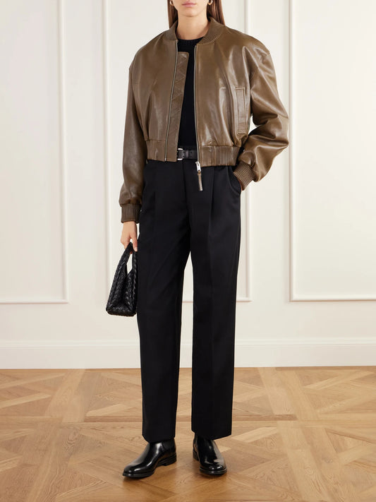 Image of Coats & Jackets. Product name - Hannan Cropped Leather Bomber Jacket in Dark green colour by brand - ARMA
