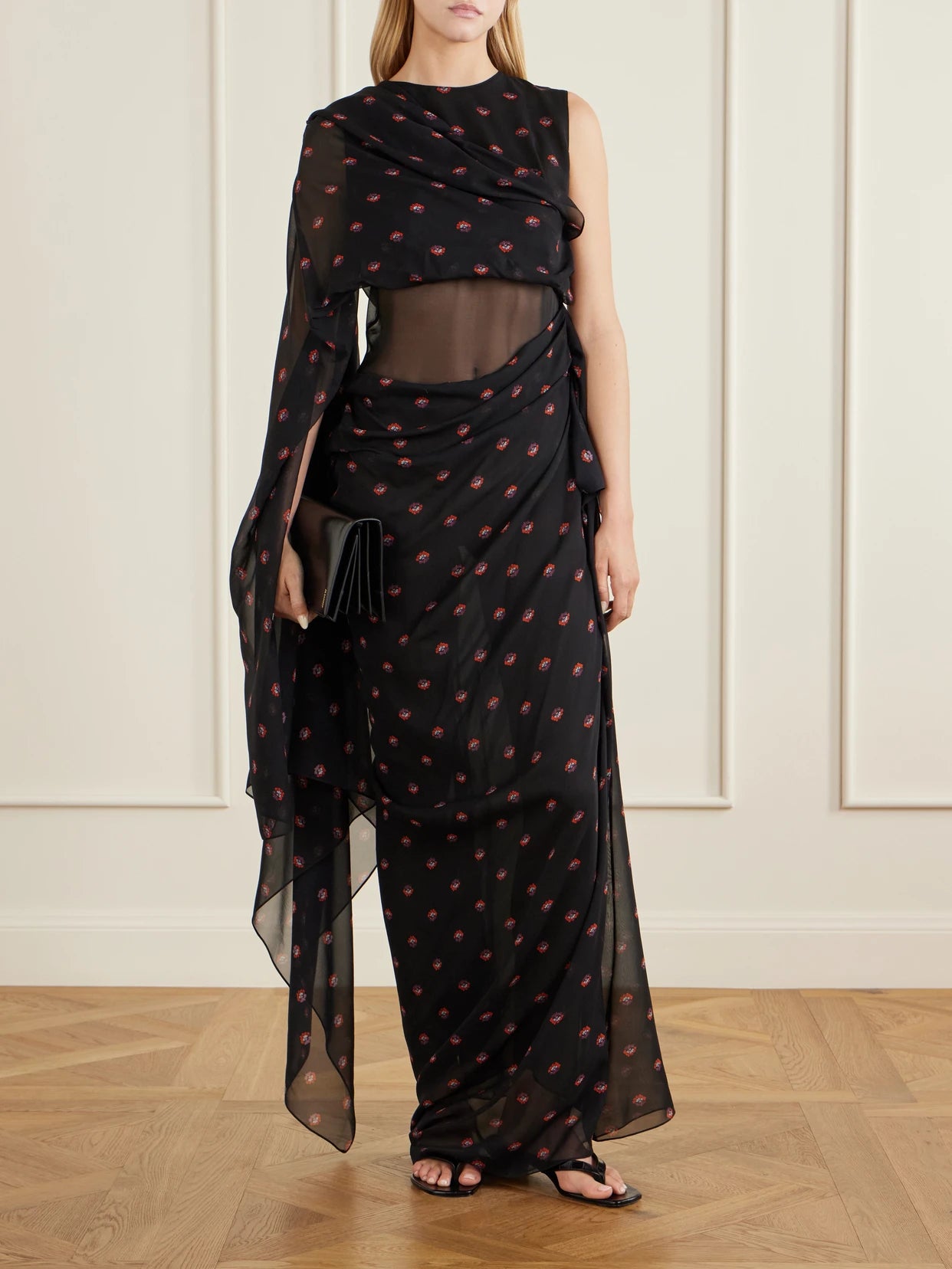 Image of Dresses. Product name - Floral-print Silk-chiffon Gown in Black colour by brand - LIBEROWE