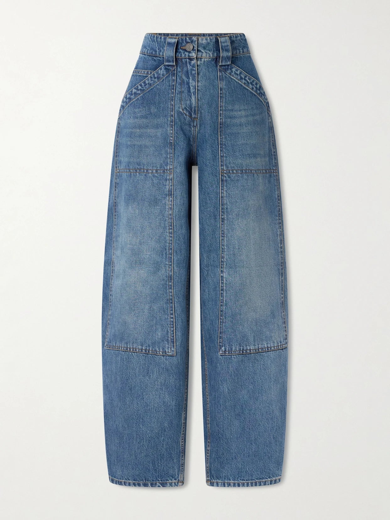 Image of Jeans. Product name - Paneled Mid-rise Barrel-leg Jeans in Mid denim colour by brand - Co