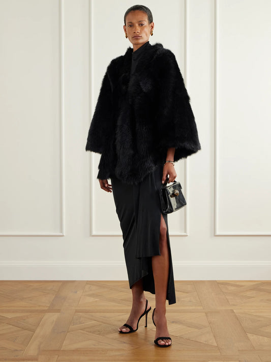 Image of Scarves & Shawls. Product name - Olympe Shearling Scarf in Black colour by brand - Nour Hammour