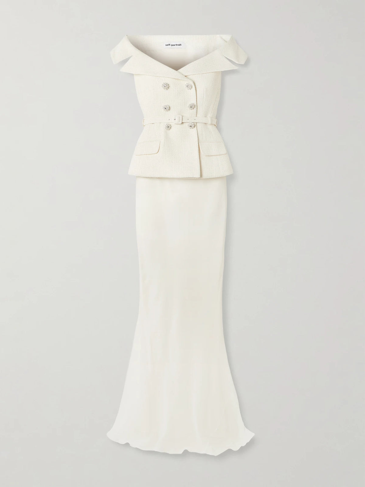 Self-Portrait Off-the-shoulder Belted Metallic Bouclé And Crepe Maxi Dress