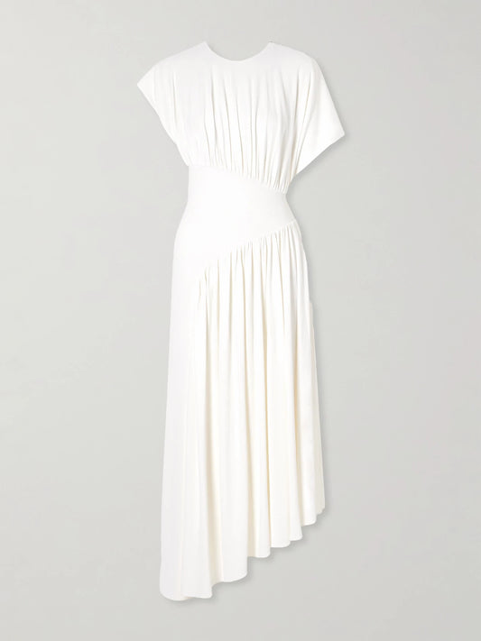 Image of Dresses. Product name - Asymmetric Draped Stretch-crepe Midi Dress in Ivory colour by brand - RABANNE