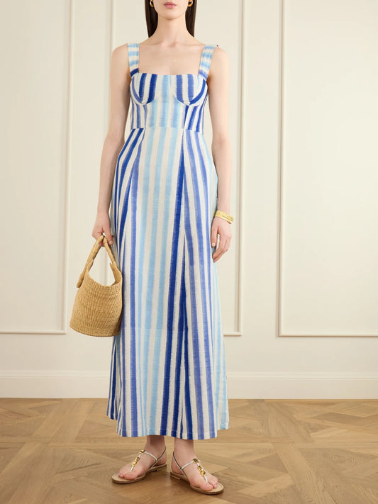 Image of Dresses. Product name - Azzurra Ikat Striped Cotton Midi Dress in Blue colour by brand - Emporio Sirenuse