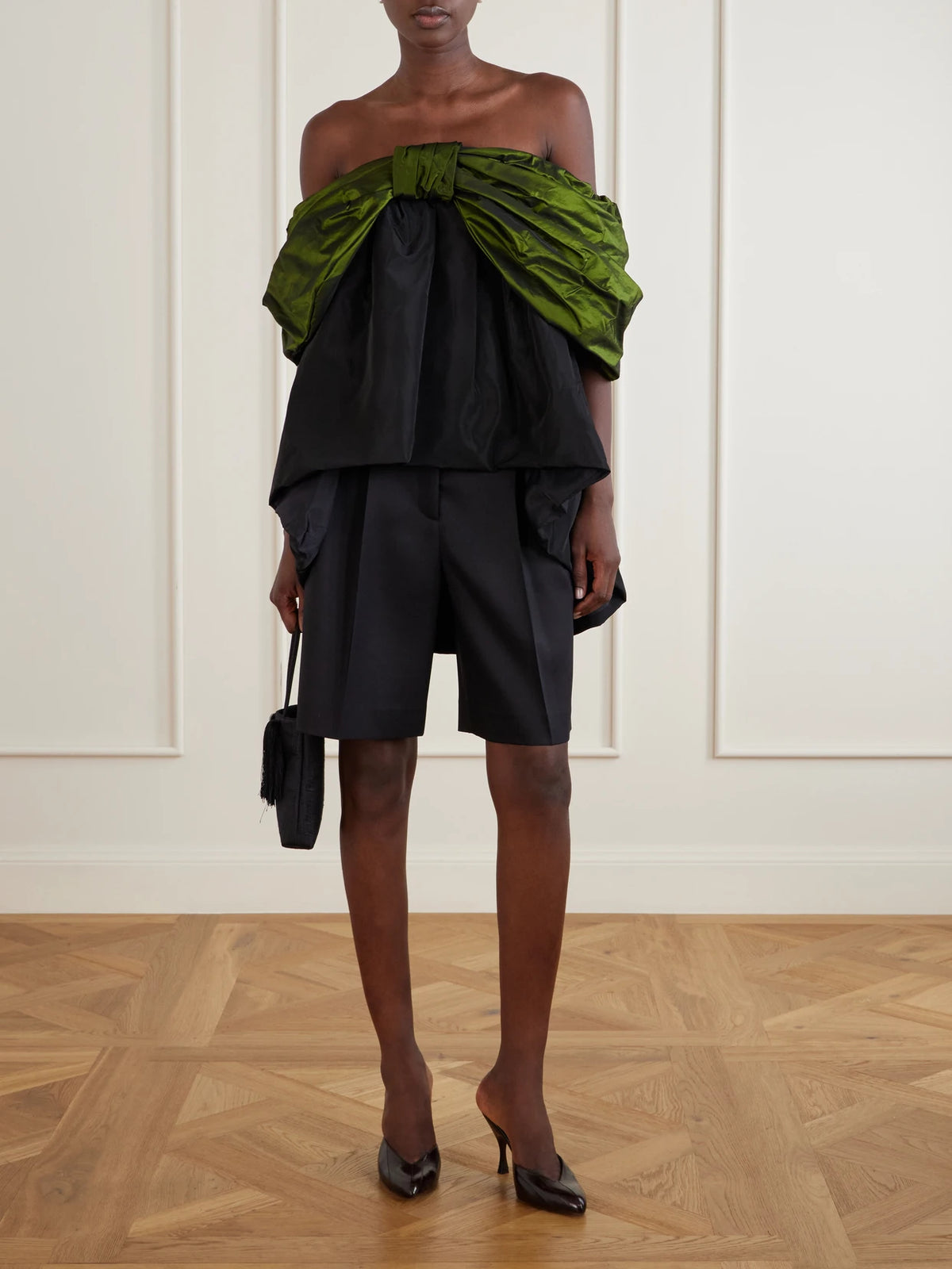 Image of a model wearing Tops. Product name - Bow-detailed Gathered Taffeta Blouse in Multi colour by brand - Simone Rocha