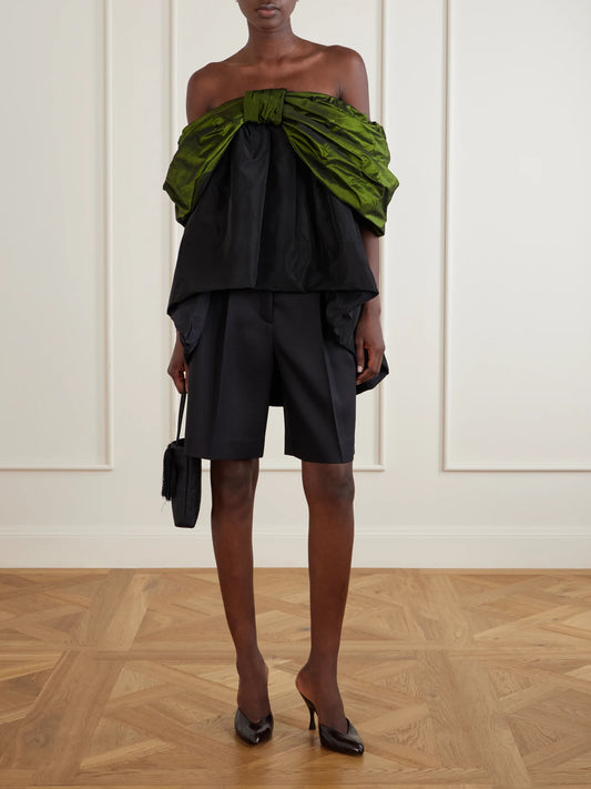 Image of a model wearing Tops. Product name - Bow-detailed Gathered Taffeta Blouse in Multi colour by brand - Simone Rocha