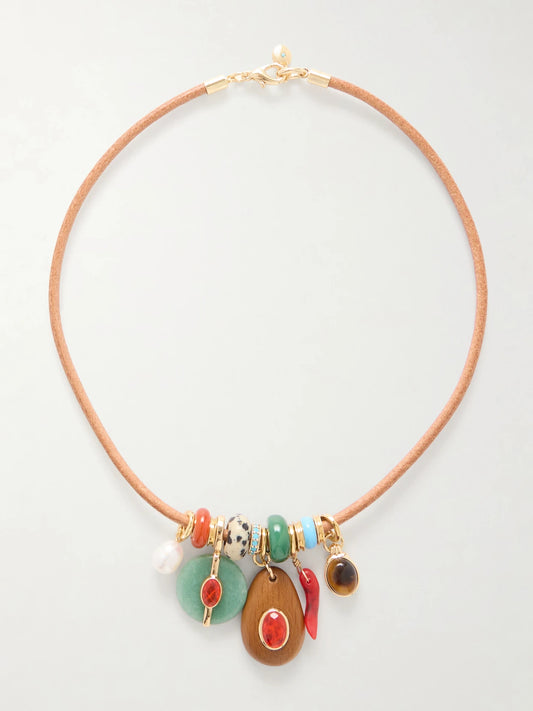 The Leather Stone Gold-tone, Multi-stone And Leather Necklace
