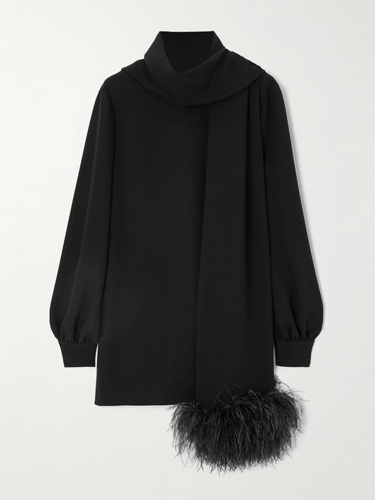 Image of a model wearing Tops. Product name - Feather-trimmed Scarf-detailed Silk Crepe De Chine Blouse in Black colour by brand - Valentino Garavani