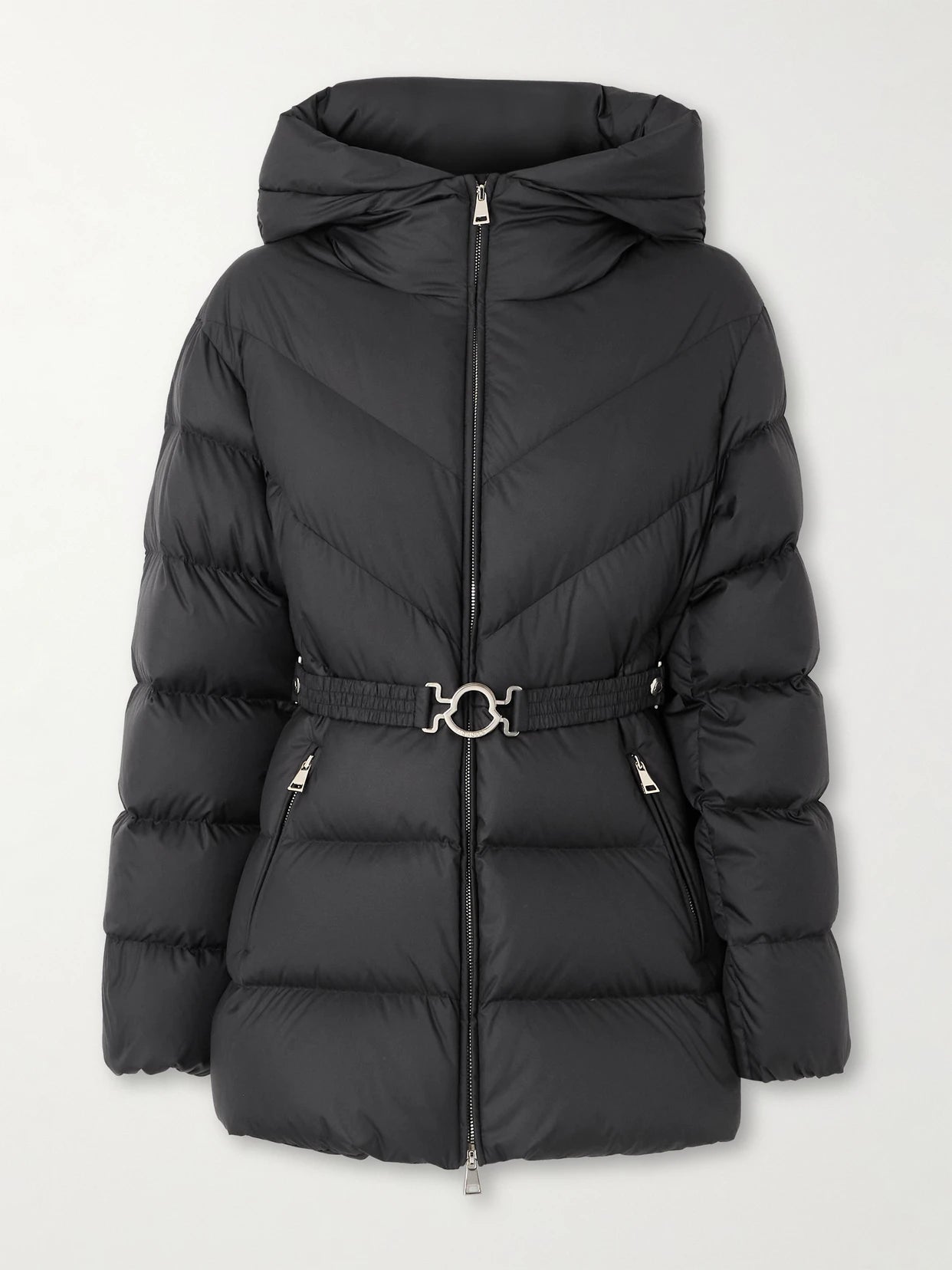 Image of Coats & Jackets. Product name - Brosse Belted Hooded Appliquéd Quilted Shell Down Jacket in Black colour by brand - Moncler