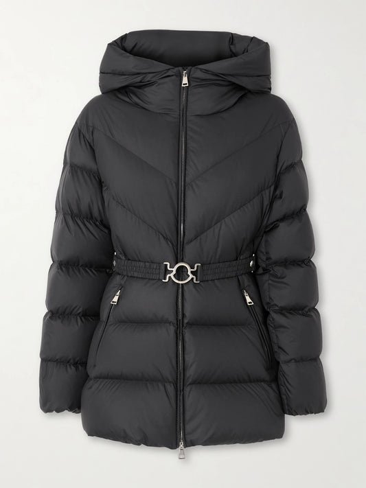Image of Coats & Jackets. Product name - Brosse Belted Hooded Appliquéd Quilted Shell Down Jacket in Black colour by brand - Moncler