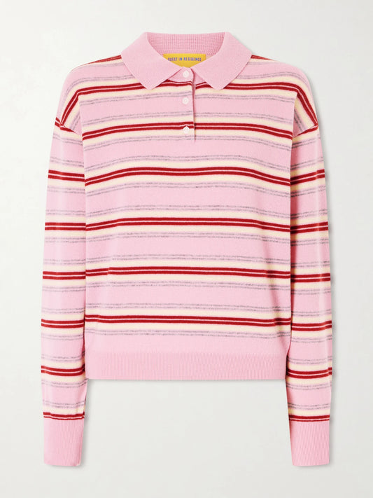Image of a model wearing Outerwear. Product name - Collegiate Striped Cashmere Polo Sweater in Pink colour by brand - Guest In Residence