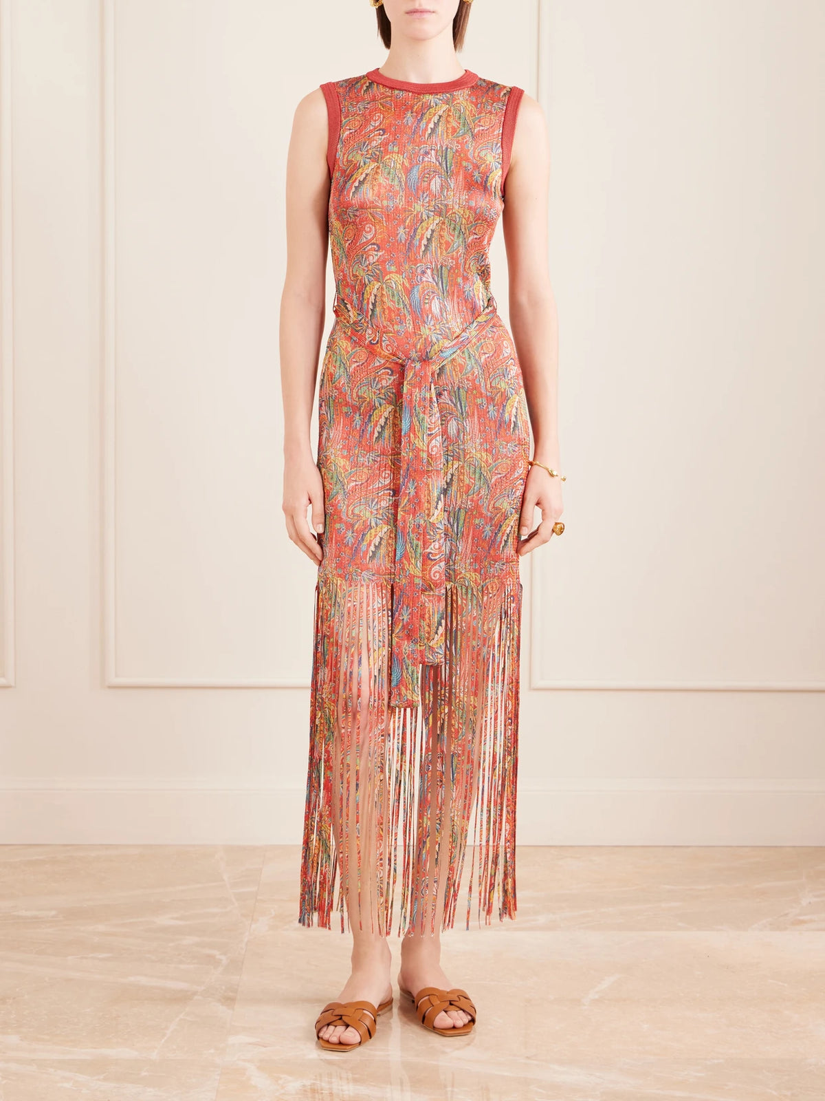 Etro Belted Fringed Jacquard-knit Midi Dress