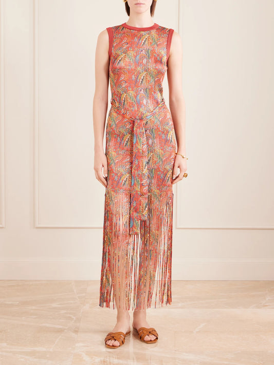 Belted Fringed Jacquard-knit Midi Dress