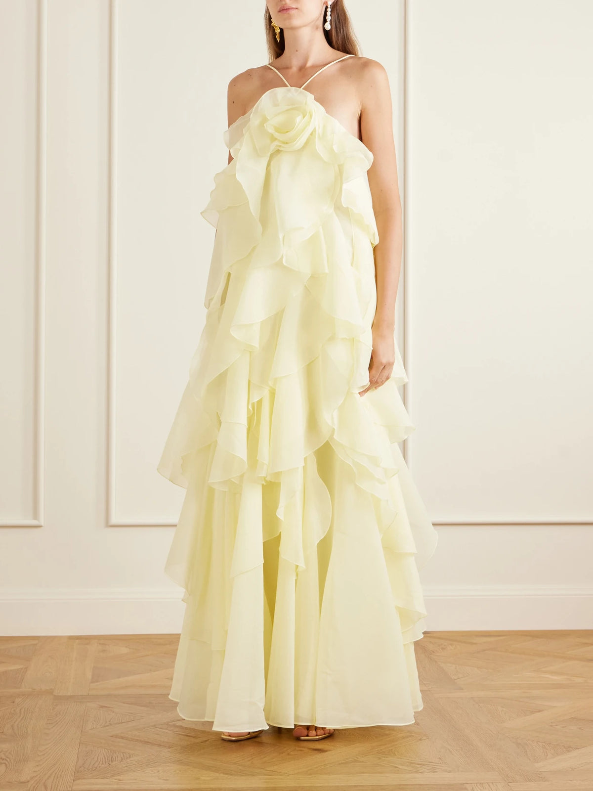 Image of Dresses. Product name - Pandorea Appliquéd Ruffled Organza Gown in Yellow colour by brand - Aje