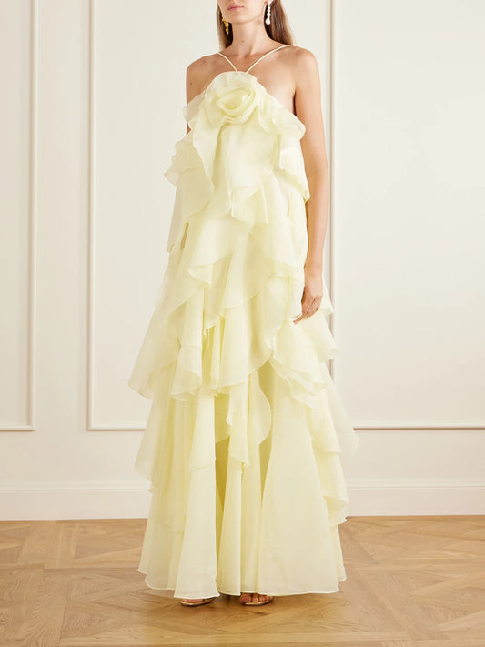 Image of Dresses. Product name - Pandorea Appliquéd Ruffled Organza Gown in Yellow colour by brand - Aje