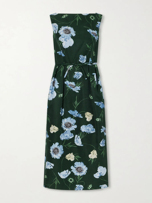 Image of Dresses. Product name - Floral-printed Cotton-blend Faille Midi Dress in Dark green colour by brand - Erdem