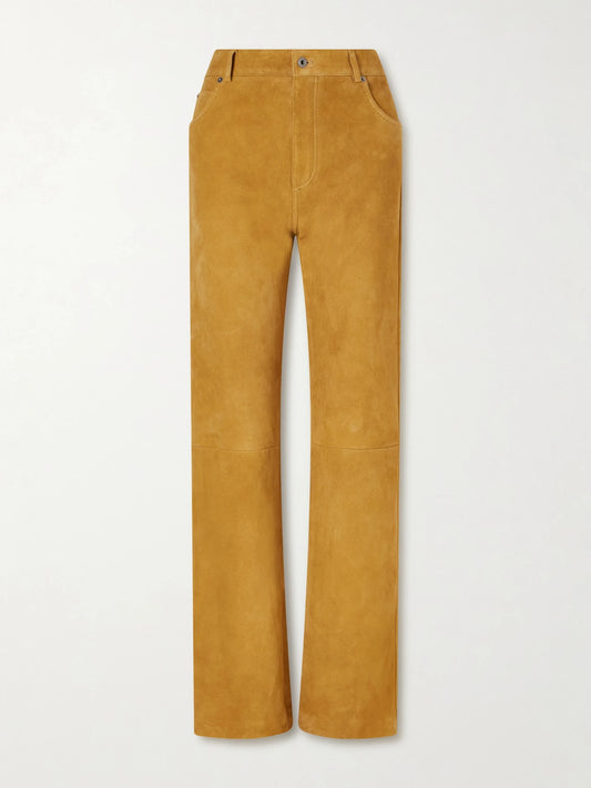 Image of a model wearing Pants. Product name - Suede High-rise Straight-leg Pants in Camel colour by brand - LOEWE