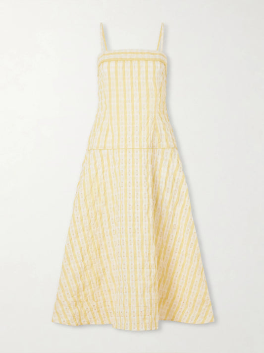 Image of Dresses. Product name - Drop Me A Note Striped Seersucker Midi Dress in Yellow colour by brand - Rosie Assoulin
