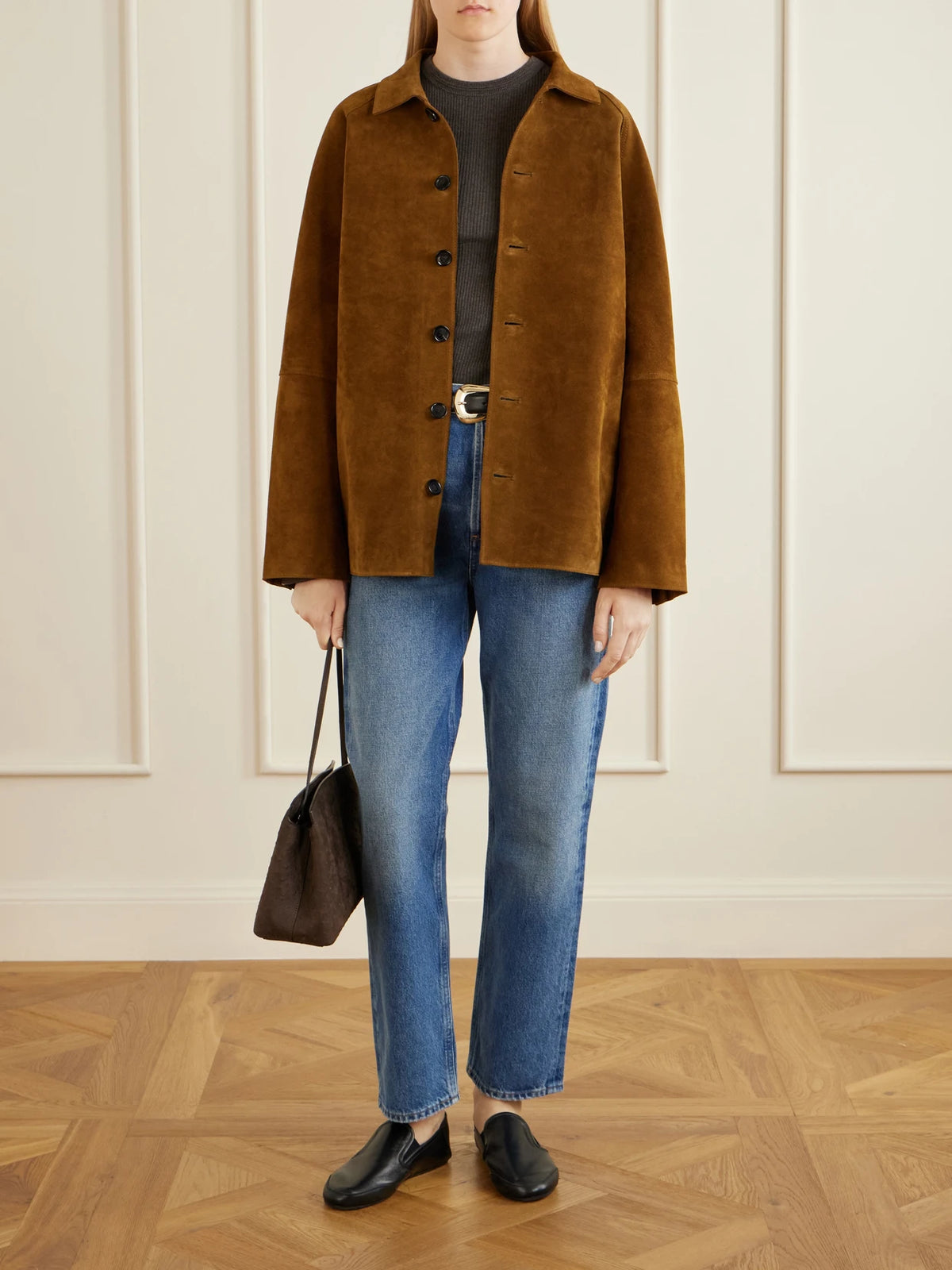 Image of Coats & Jackets. Product name - Bowe Suede Jacket in Brown colour by brand - Studio Nicholson