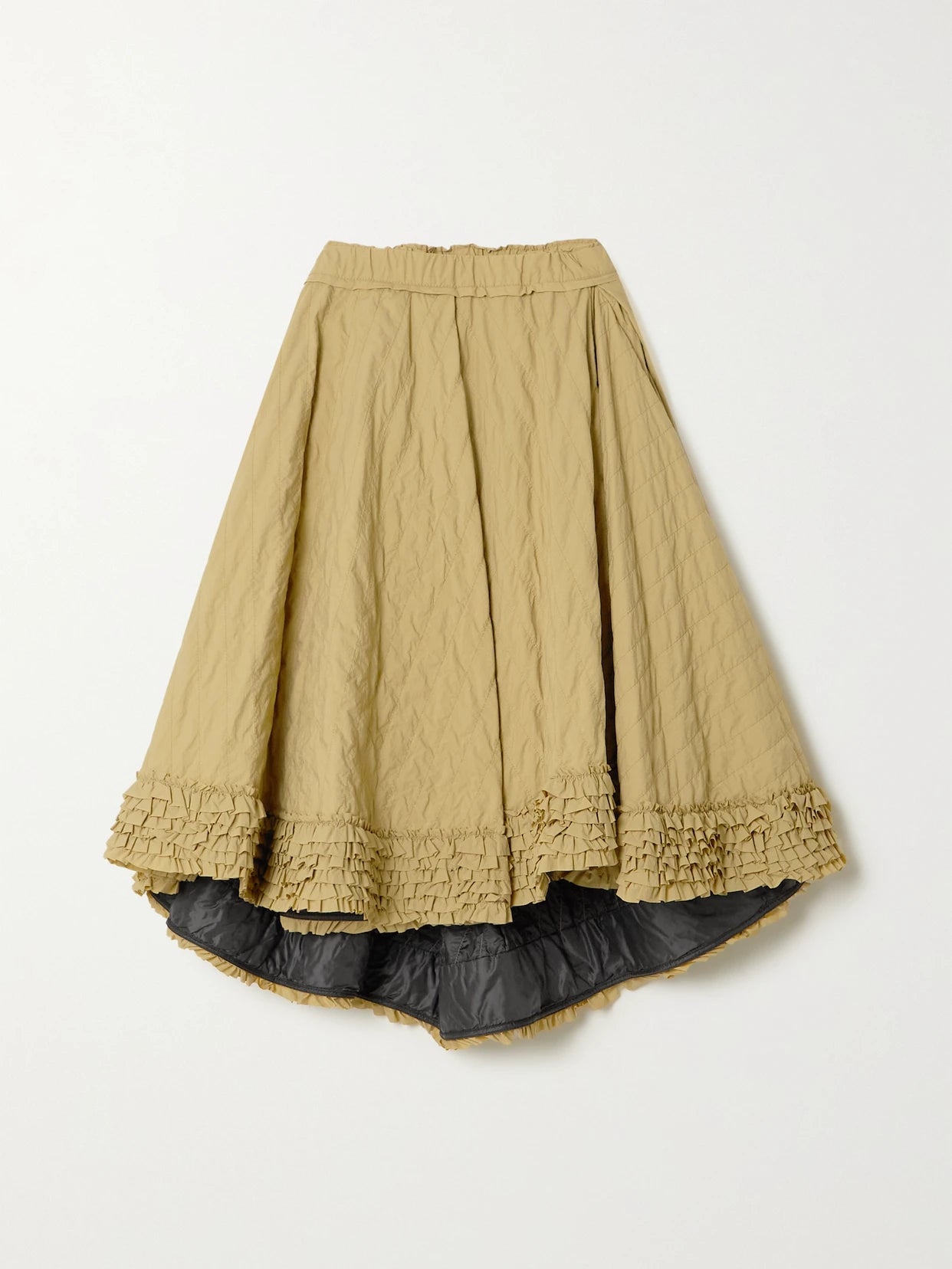 Image of a model wearing Skirts. Product name - + 1952 Ruffled Quilted Shell Skirt in Camel colour by brand - Moncler Genius