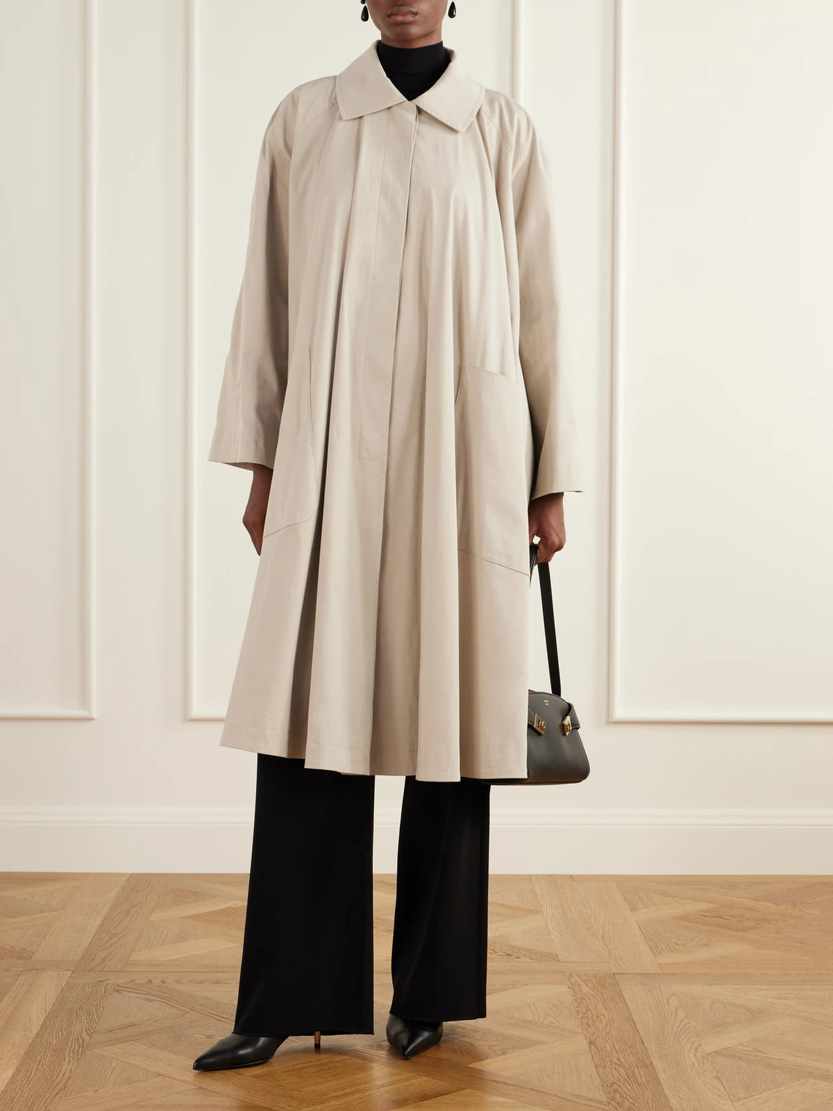 Image of Coats & Jackets. Product name - Jane Graceful Pleated Cotton-blend Coat in Beige colour by brand - Nour Hammour