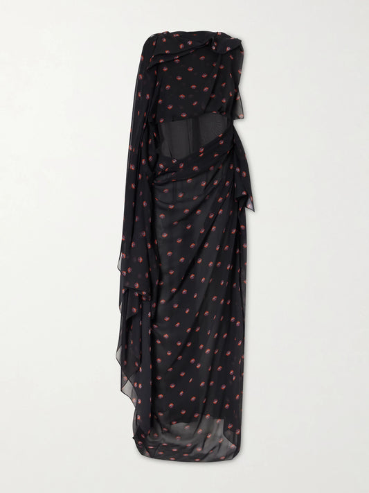 Image of Dresses. Product name - Floral-print Silk-chiffon Gown in Black colour by brand - LIBEROWE