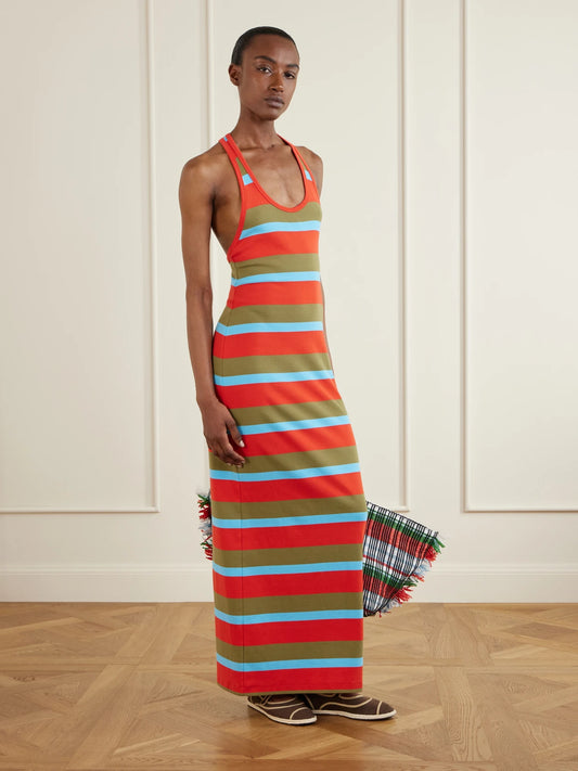 Image of Dresses. Product name - Encino Striped Cotton-blend Maxi Dress in Multi colour by brand - STAUD