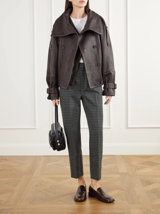 Image of a model wearing Pants. Product name - Penima Checked Twill Straight-leg Pants in Dark green colour by brand - Acne Studios