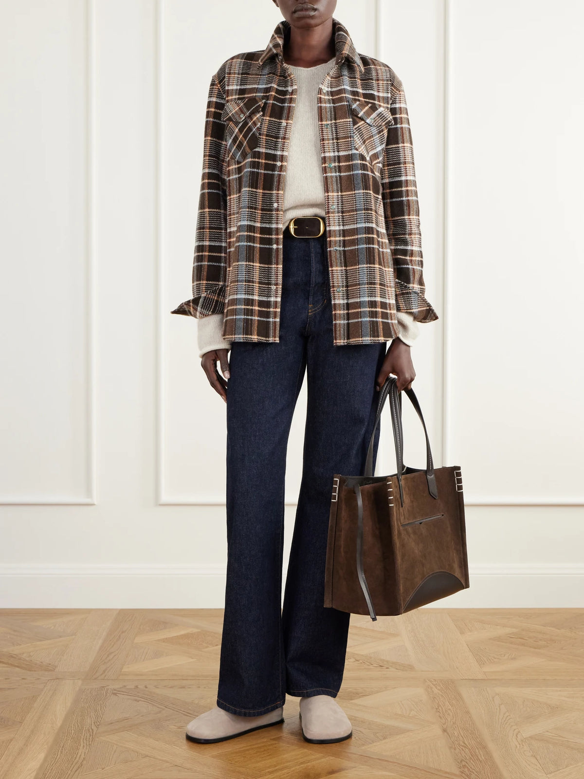 Image of a model wearing Tops. Product name - Wilderness Checked Cashmere Shirt in Brown colour by brand - God's True Cashmere
