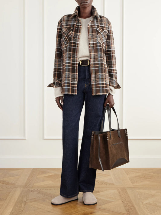 Image of a model wearing Tops. Product name - Wilderness Checked Cashmere Shirt in Brown colour by brand - God's True Cashmere