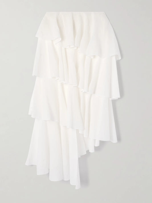 Image of a model wearing Skirts. Product name - Tiered Asymmetric Cotton Midi Skirt in White colour by brand - Alaïa