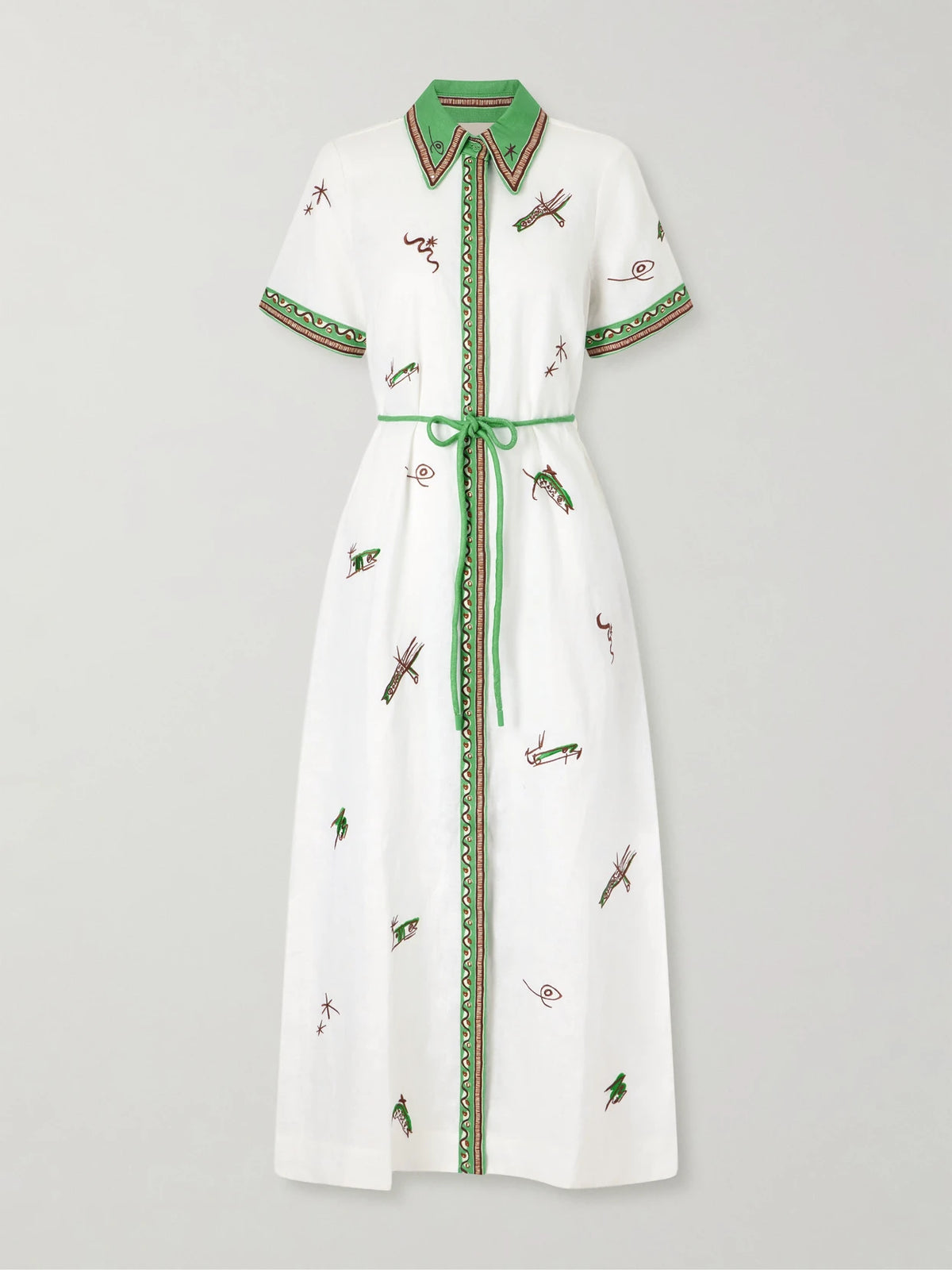 Wanda Belted Embroidered Linen Midi Shirt Dress