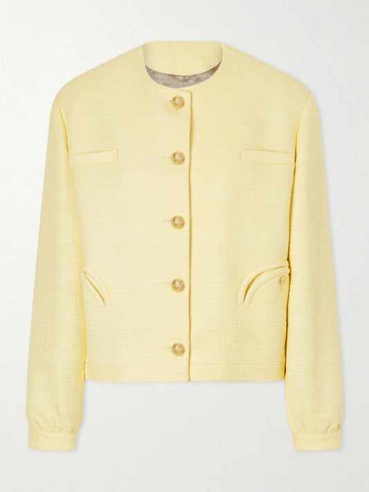 Image of Coats & Jackets. Product name - Gliss Cotton-blend Tweed Jacket in Yellow colour by brand - BLAZÉ Milano
