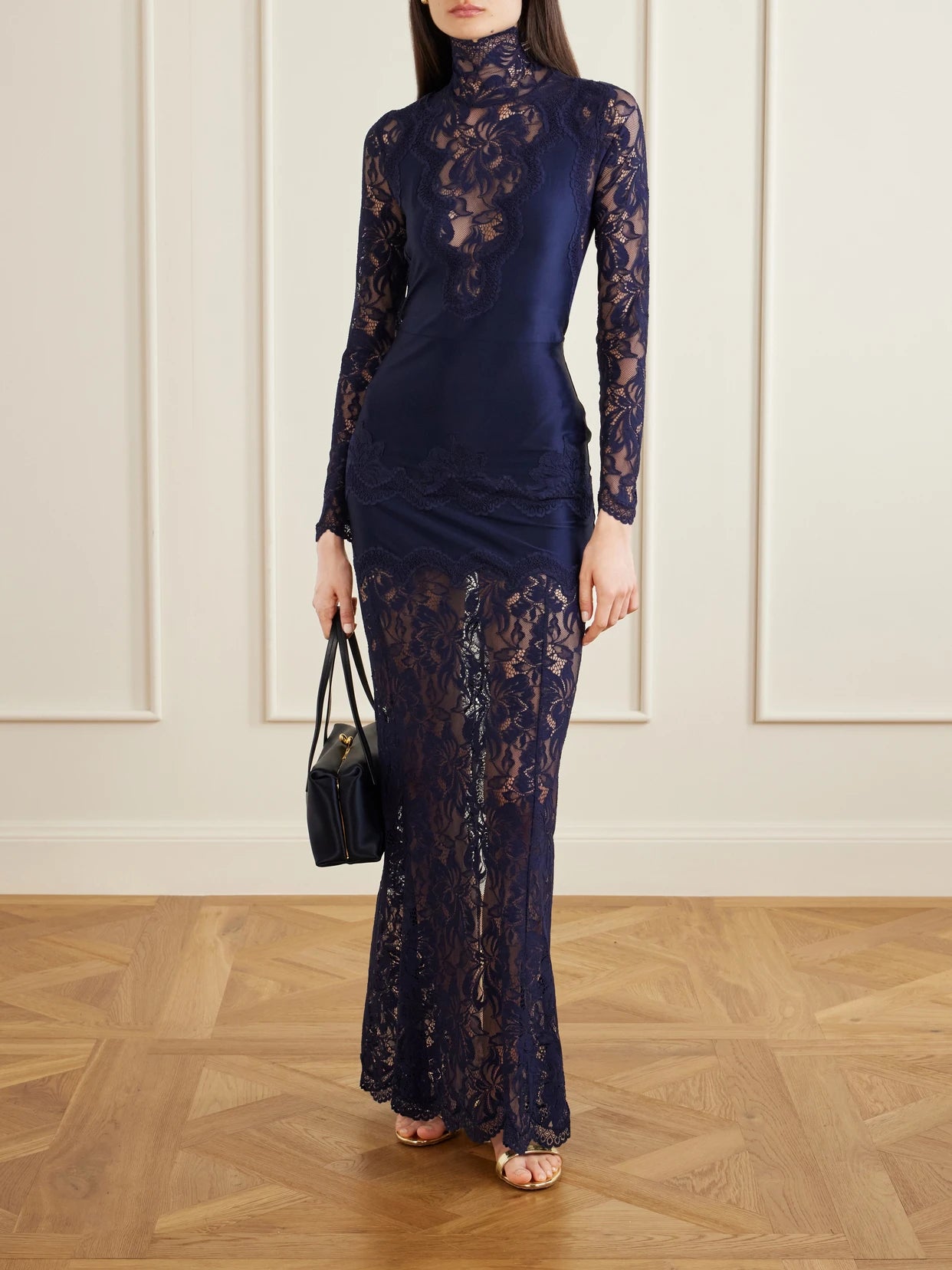 Image of Dresses. Product name - Lace-trimmed Jersey Maxi Dress in Navy colour by brand - RABANNE