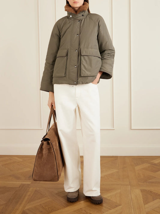 Image of Coats & Jackets. Product name - Shearling-trimmed Padded Cotton-blend Down Jacket in Army green colour by brand - Brunello Cucinelli