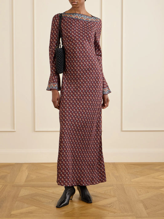 Image of Dresses. Product name - Davina Printed Silk-blend Satin Maxi Dress in Multi colour by brand - DÔEN