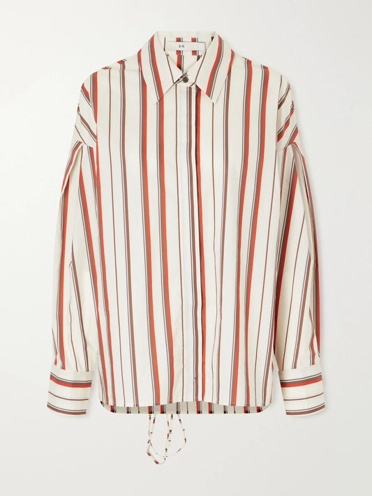 Image of a model wearing Tops. Product name - Alva Striped Cotton-poplin Shirt in Cream colour by brand - SIR.