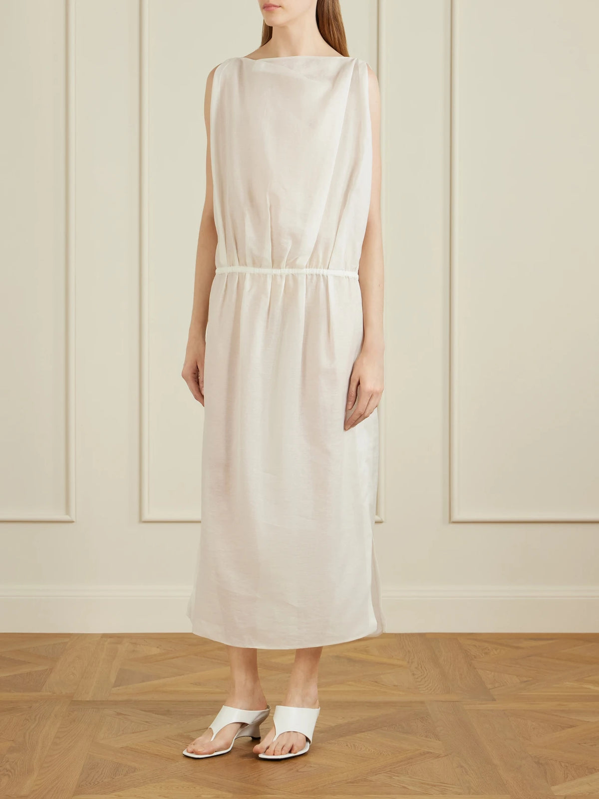 Image of Dresses. Product name - Tia Cotton And Silk-blend Midi Dress in Off-white colour by brand - KHAITE