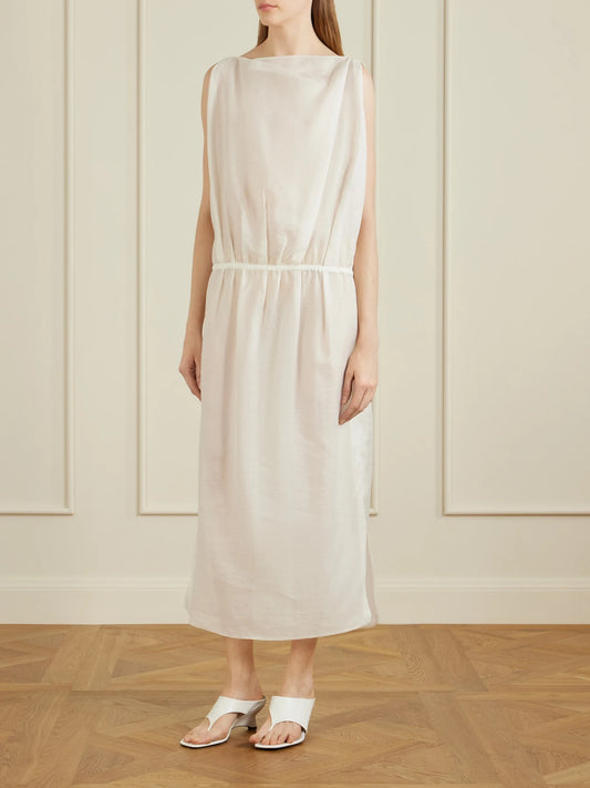 Image of Dresses. Product name - Tia Cotton And Silk-blend Midi Dress in Off-white colour by brand - KHAITE