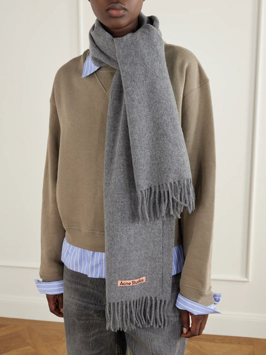Image of Scarves & Shawls. Product name - Fringe-detail Wool Scarf in Gray colour by brand - Acne Studios