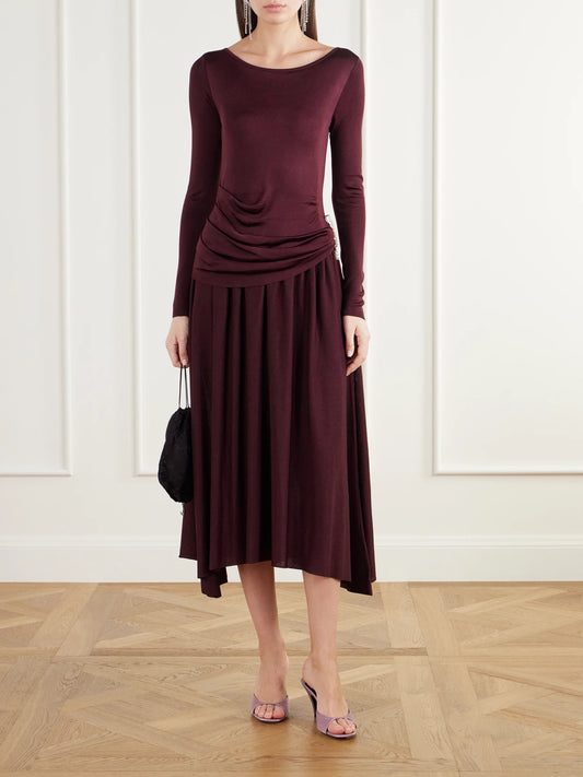 Image of Dresses. Product name - Embellished Asymmetric Pleated Stretch-jersey Midi Dress in Dark purple colour by brand - Maria McManus
