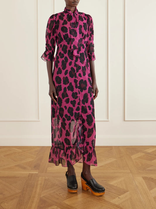 Tie-detailed Ruffled Animal-print Voile Midi Dress
