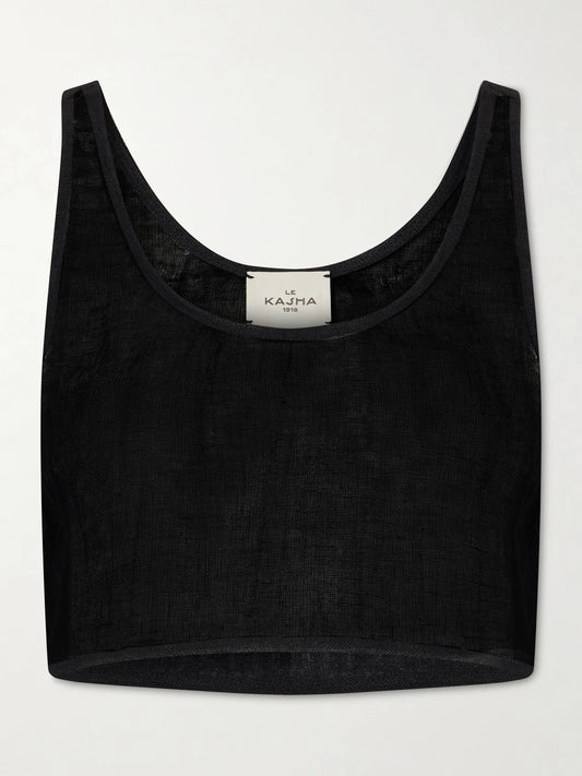 Image of a model wearing Tops. Product name - Tahta Cropped Linen Top in Black colour by brand - Le Kasha