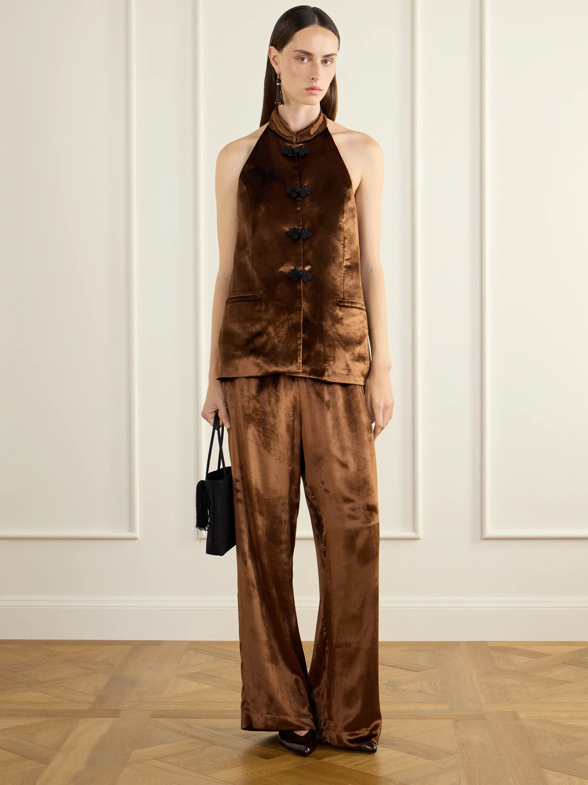 Image of Outfit Sets. Product name - Tussa Velvet Blouse in Brown colour by brand - RÓHE