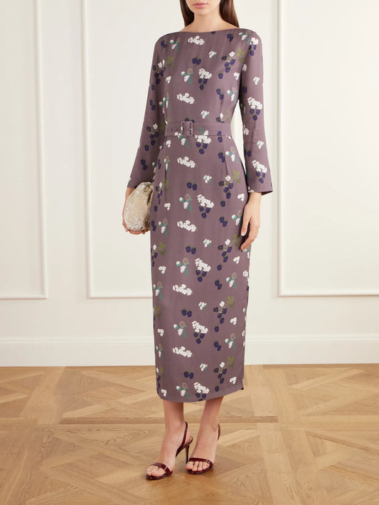 Image of Dresses. Product name - Luce Belted Floral-print Crepe De Chine Midi Dress in Dark purple colour by brand - BERNADETTE