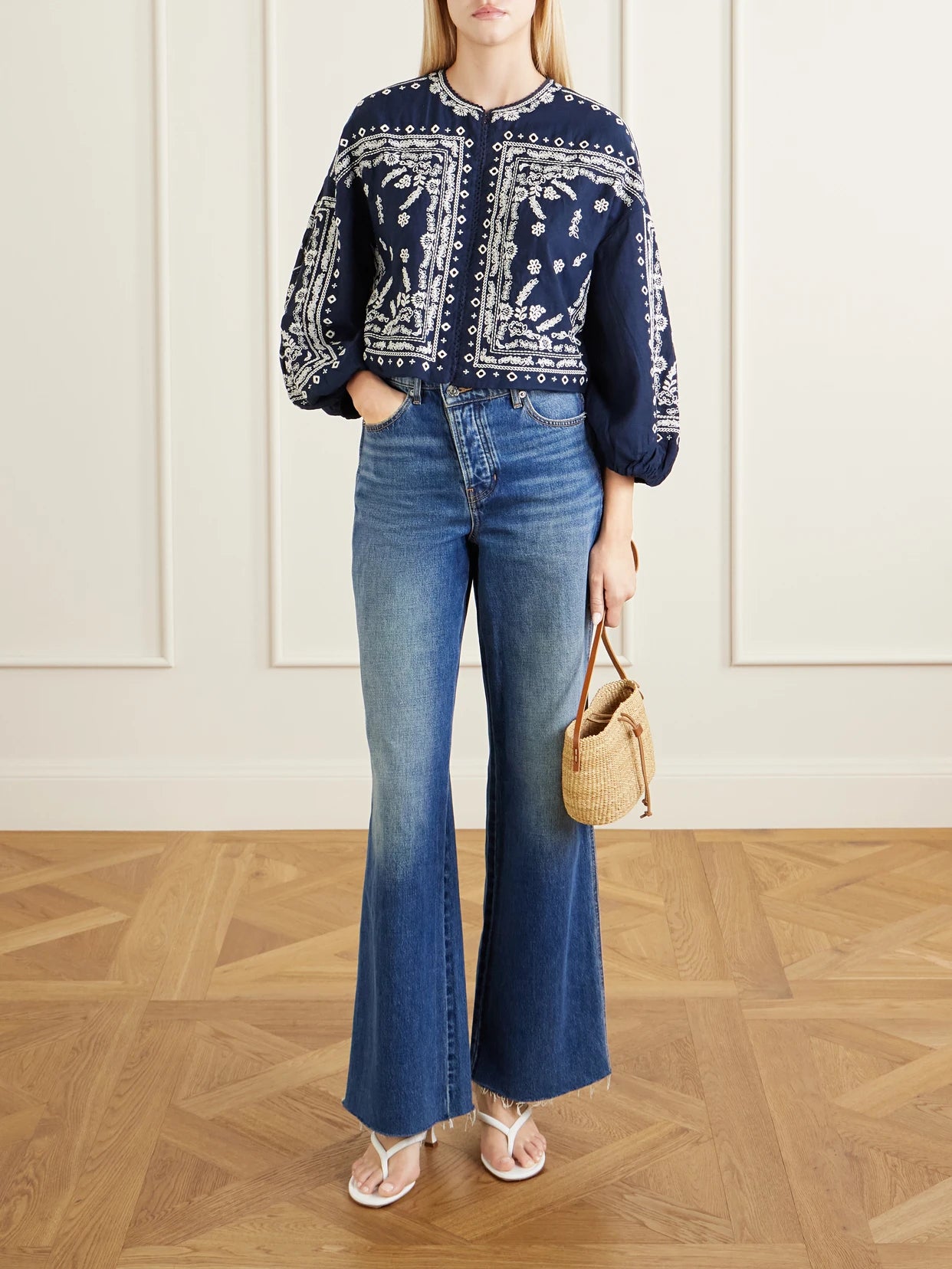 Image of Coats & Jackets. Product name - Drake Cropped Embroidered Cotton-blend Poplin Jacket in Navy colour by brand - Veronica Beard
